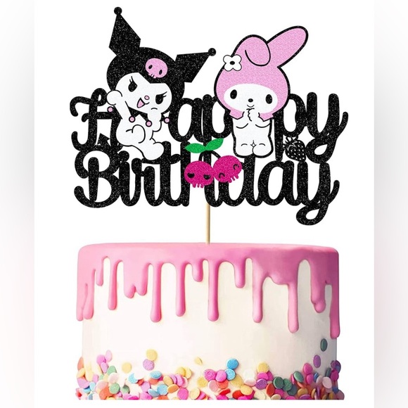 Cute Kawaii Kuromi Melody Glitter Black Cake Topper Happy Birthday - Picture 3 of 6